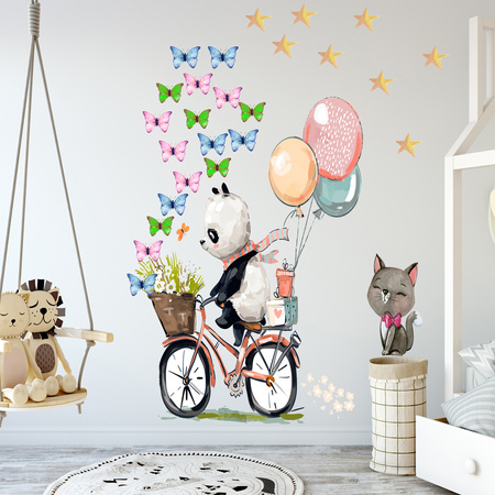 Naklejka na ścianę Panda na rowerze motylki z kotkiem i baloniki 90 cm na 60 cm