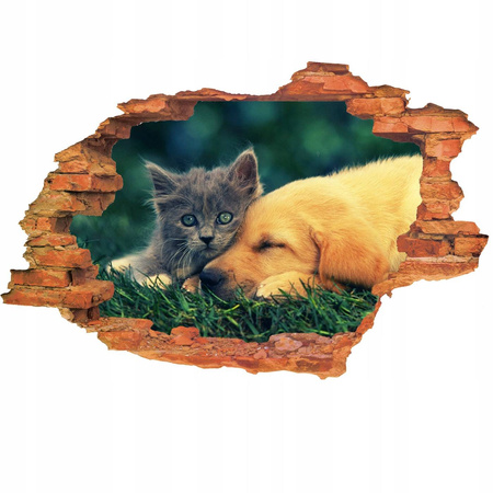 Naklejka na ścianę 3D Pies i Kot mały ciemnoszary kociaczek z psem 90 cm na 60 cm